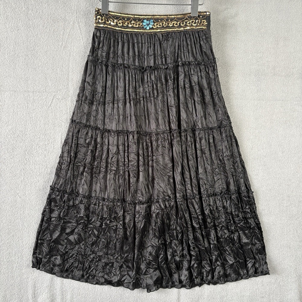 Cacama Black Tiered Maxi Skirt Boho Beaded Waist Medium‎